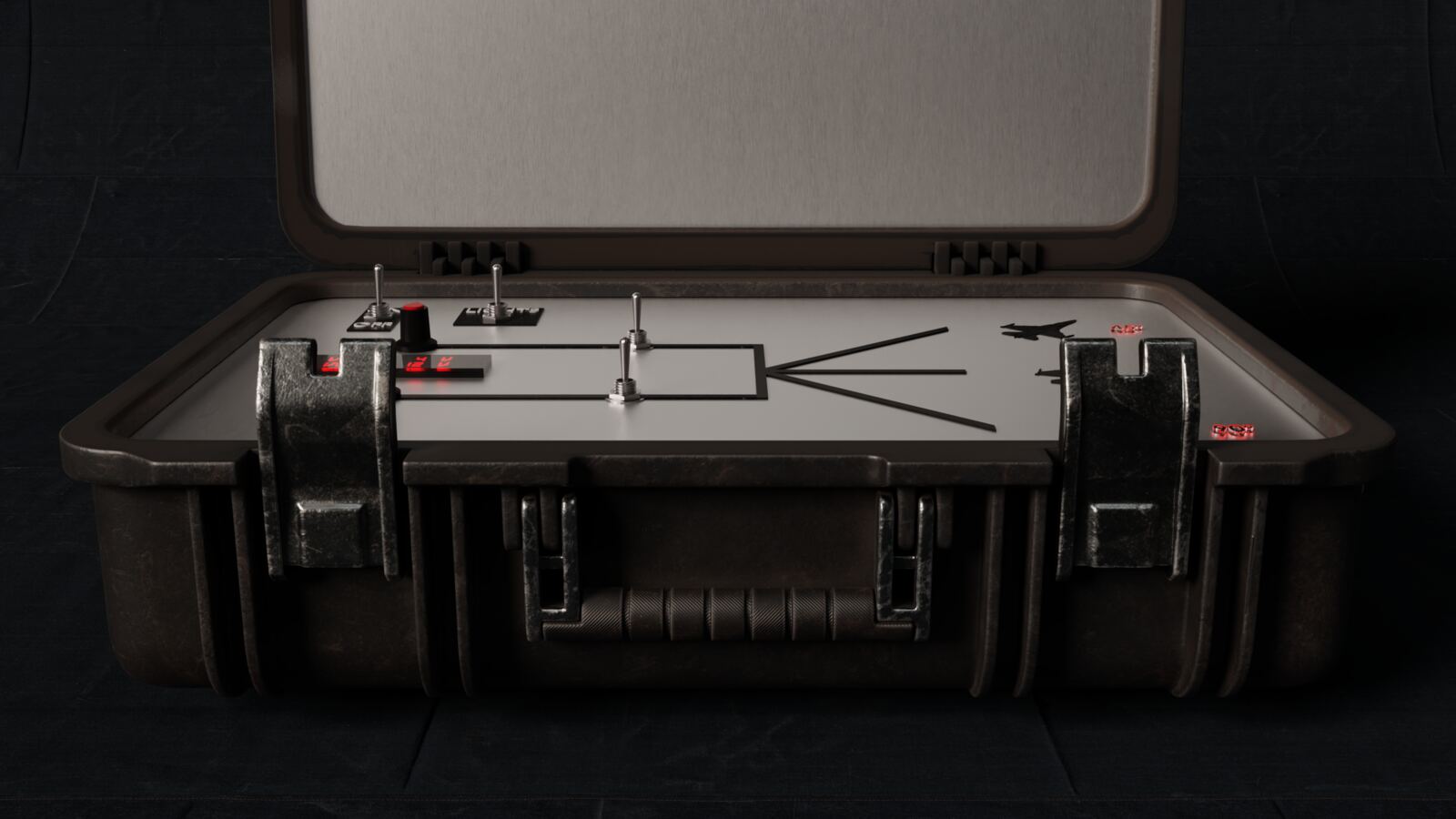 Rendered rugged hard-shell case, open, with a brushed control panel, toggle switches and a red segmented readout