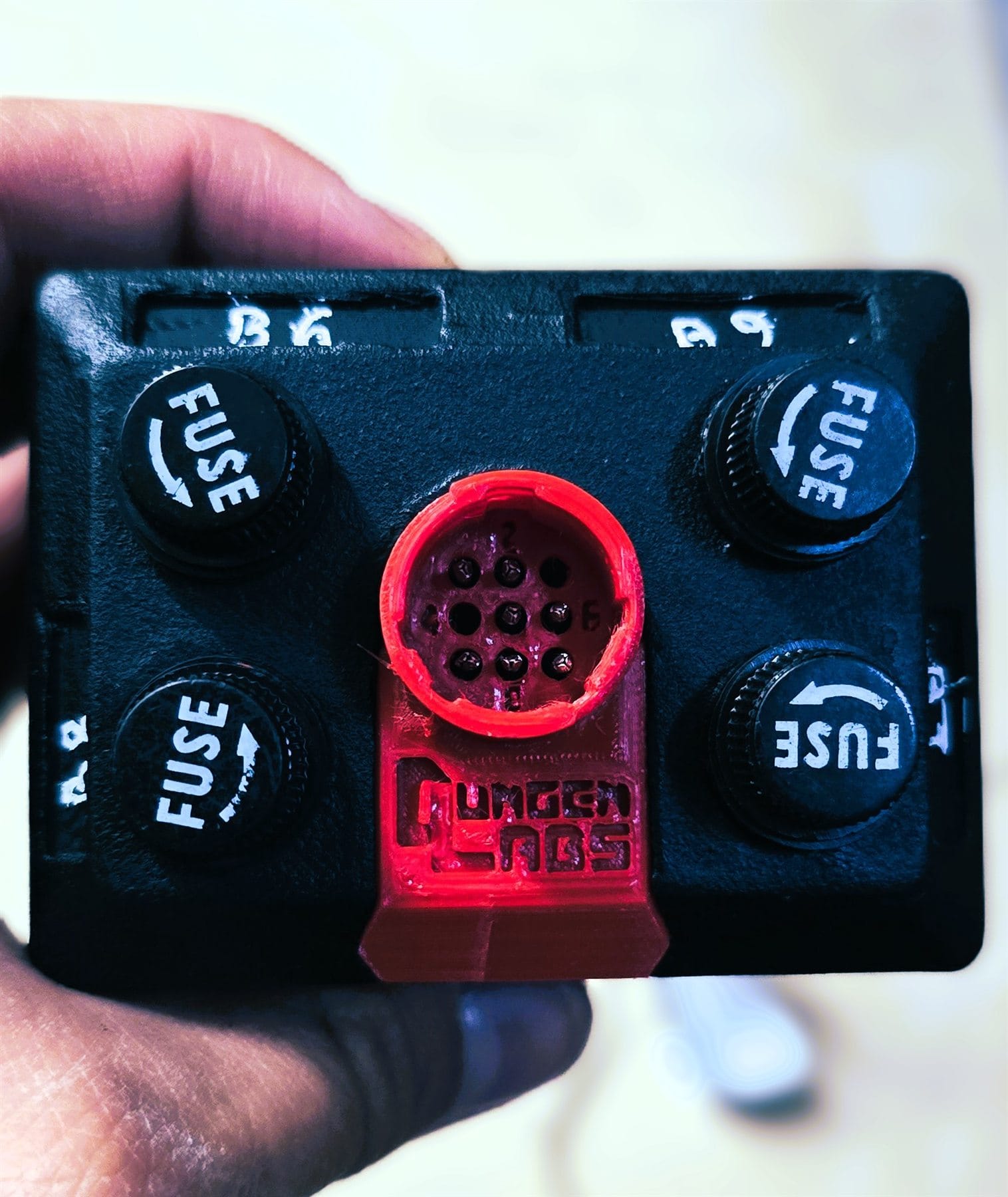 PSB module rear panel with four fuse holders and a printed DungenLabs connector
